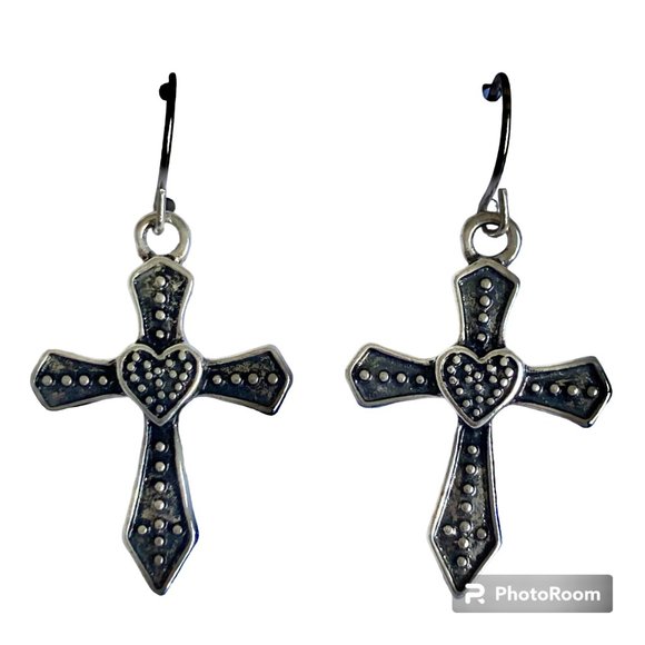 Silver Sacred Heart Cross Earrings Country Western Gothic Goth Dangle Plated - Picture 1 of 6